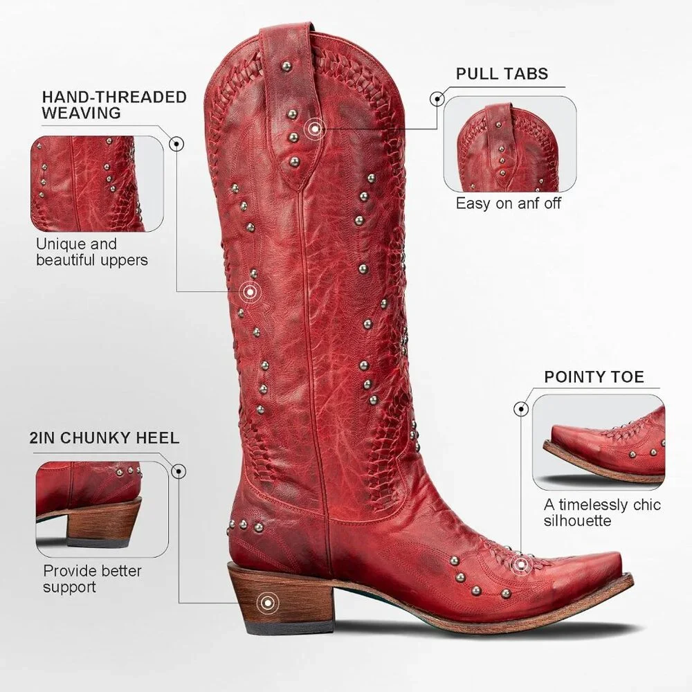 Women's Red Knee High Western Cowgirl Boots Pointed Toe Chunky Heel Pull on - Picture 5 of 7